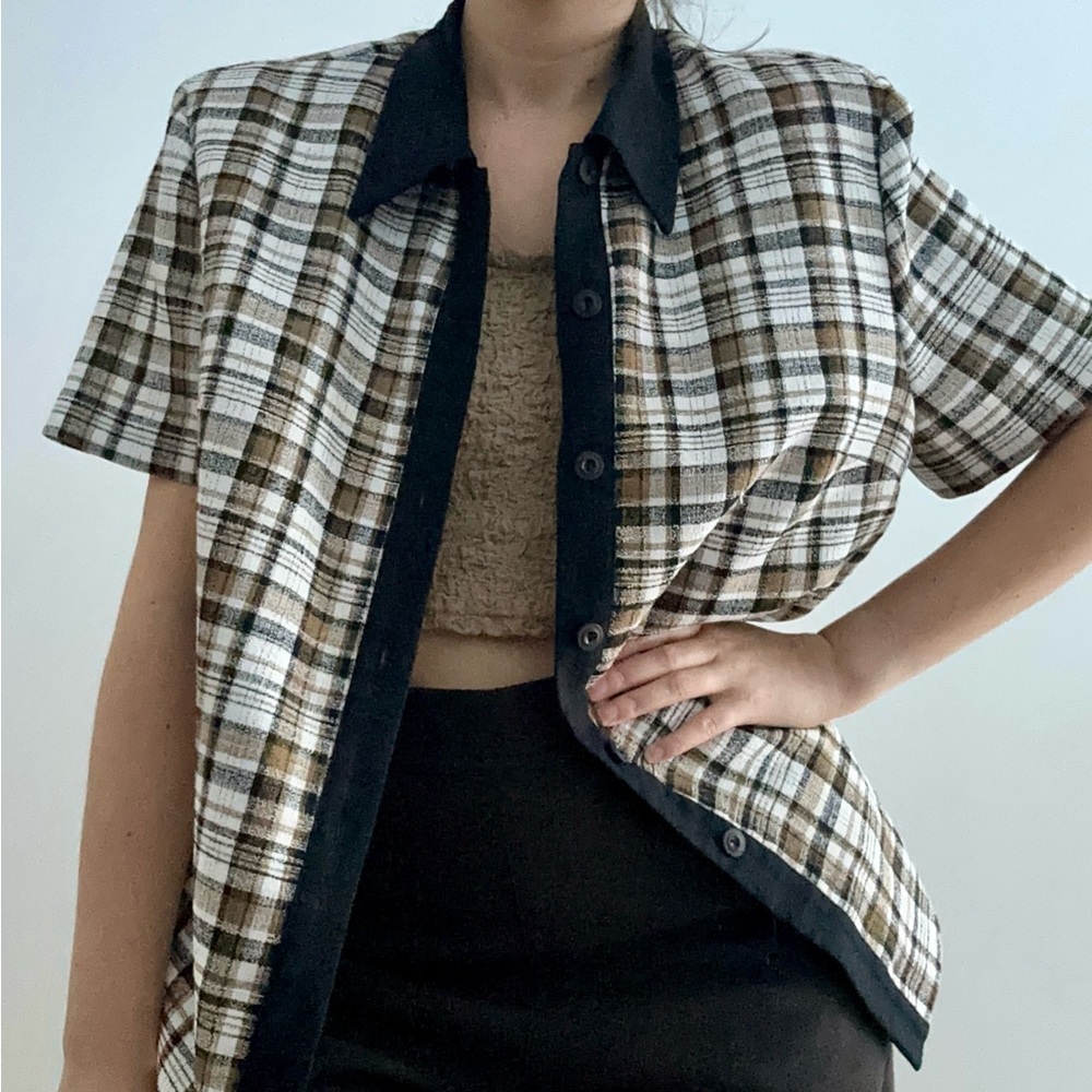 Lindor vintage short sleeves button down blouse plaid -  14
